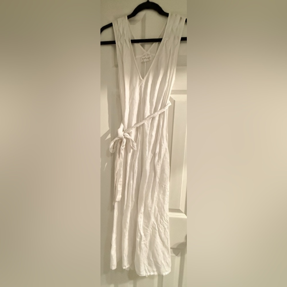 Velvet by graham , 100% linen, sleeveless dress, pocket, midi, white, size S